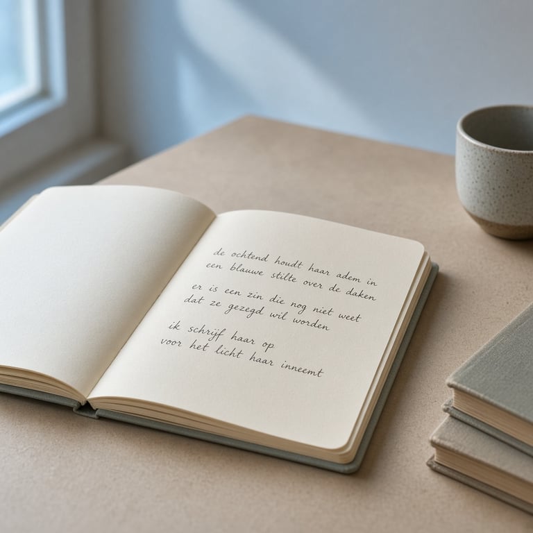 Open notitieboek met dichtregels in zacht ochtendlicht